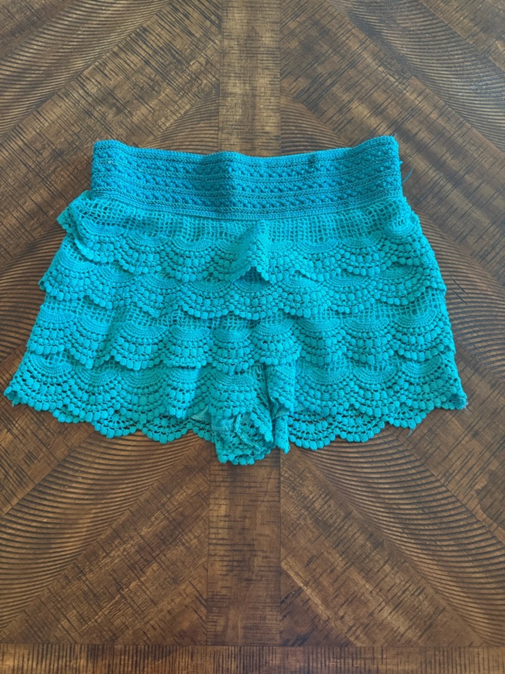 High Waist Crochet Scallop Shorts - Teal